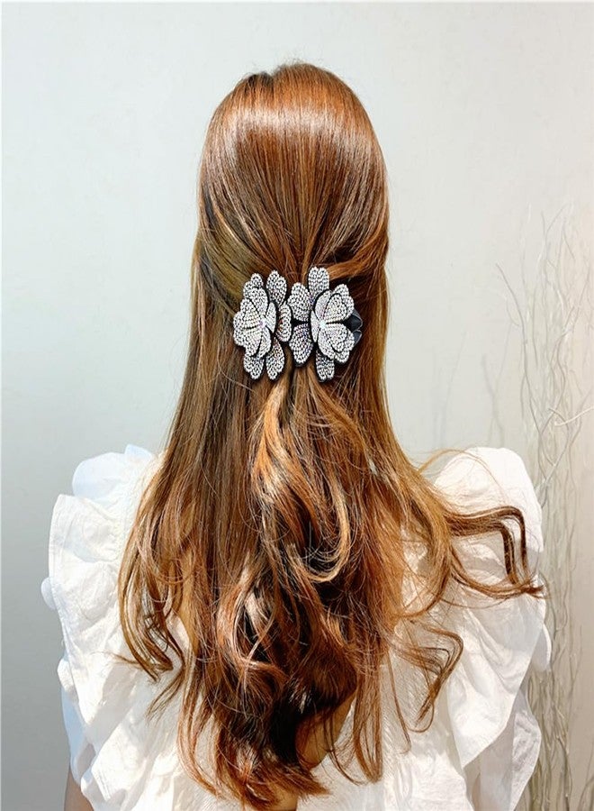 Dizila 4 Pieces Fancy Sparkly Rhinestone Double Flower Hair Clips Barrettes with Three Prongs Prom Party Wedding Hair Accessories for Women Girls Thick Hair - Image 4